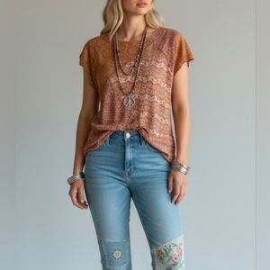Vintage Y2K Top‎ Patchwork Brown Boho Lace Size M Stretch Short Sleeve